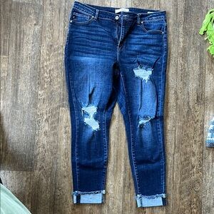 KanCan Blue Ankle Cropped Jeans with Distressed Details
